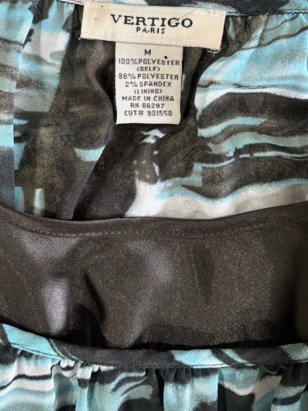 Vertigo Paris Sheer Tunic/Blouse Med. Teal/Black Abstract Flowy Top w/Camisole - Picture 7 of 7